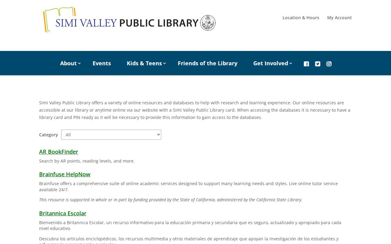Simi Valley residents directory view of Public Library electronic resources