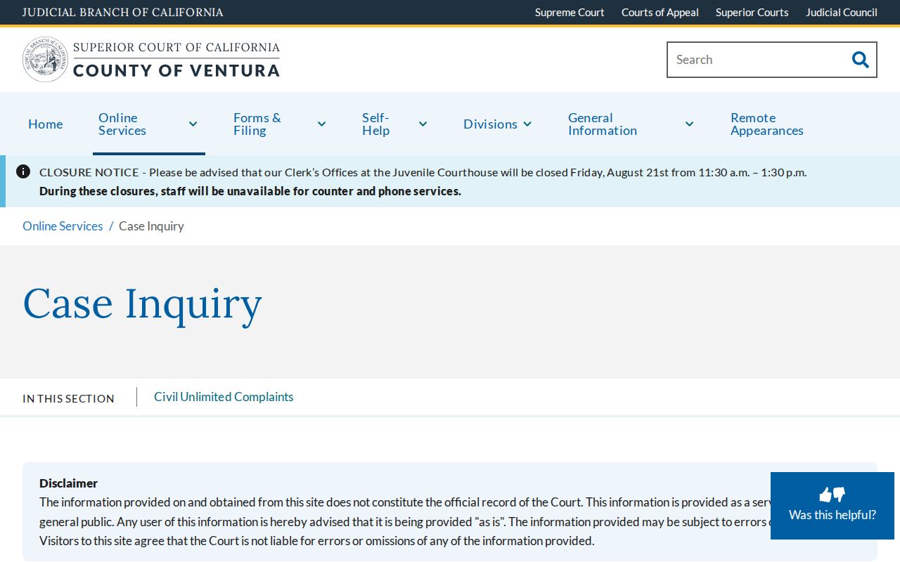 Simi Valley residents directory view of Ventura Superior Court case inquiry