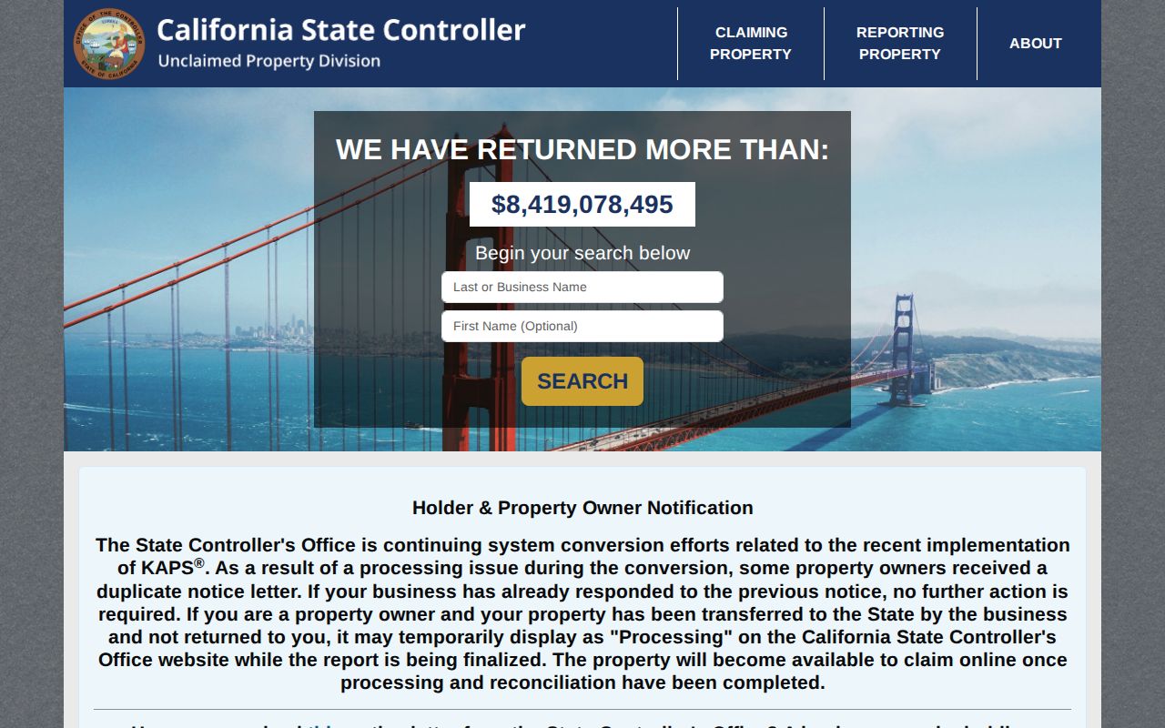 Simi Valley resident lookup view of California unclaimed property search